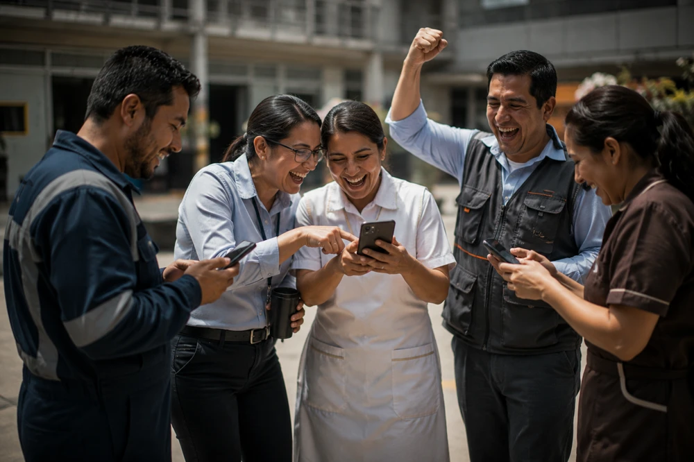 Un equipo jugando desde sus celulares durante una capacitación
